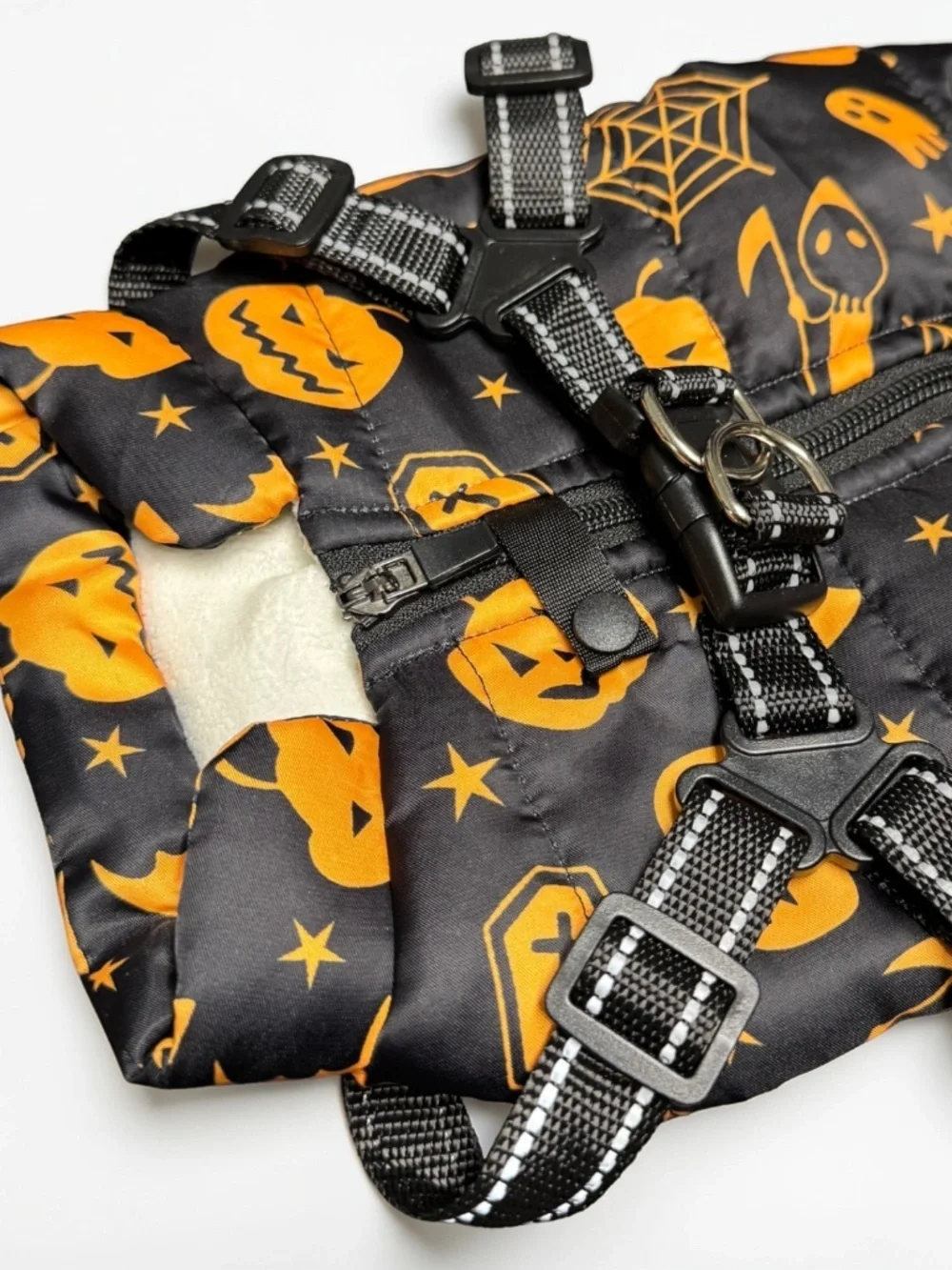 Halloween Dog Jacket Harness Small Pumpkin Reflective Fleece Lined NWOT